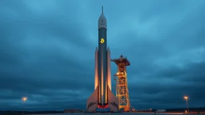 SpaceX rocket on launch pad with faint Bitcoin symbol reflection, representing corporate crypto holdings.