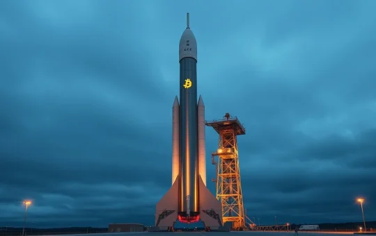 SpaceX rocket on launch pad with faint Bitcoin symbol reflection, representing corporate crypto holdings.