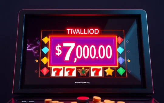 Spartans Casino's $7 million monthly leaderboard displayed on a slot machine screen, attracting players.