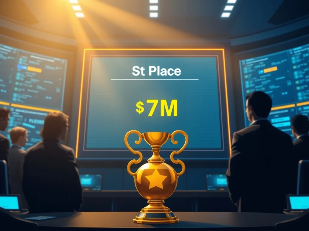 Digital leaderboard display with golden trophy in a high-tech control room setting