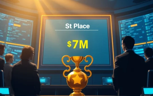 Digital leaderboard display with golden trophy in a high-tech control room setting
