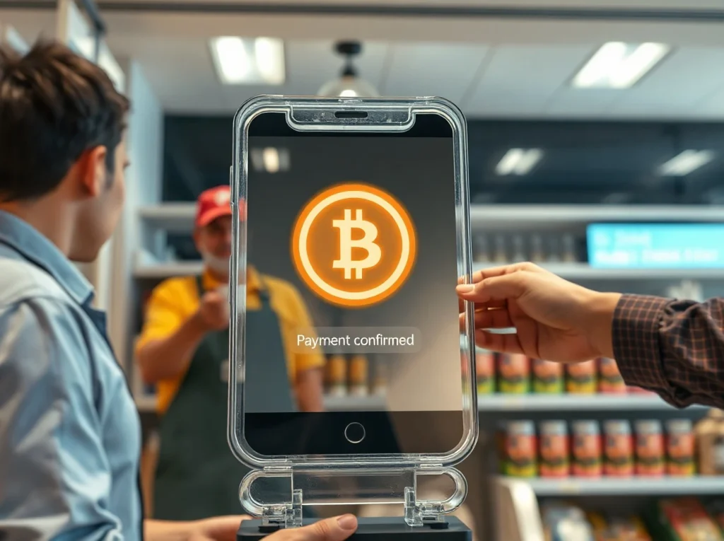Stablecoin payment being processed at a modern retail point-of-sale terminal.