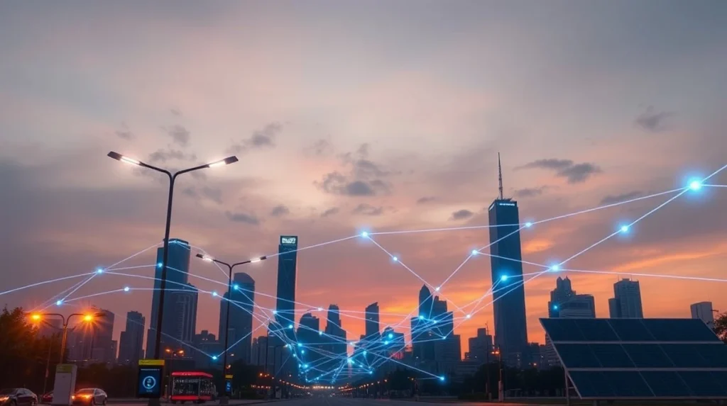 Futuristic city skyline with glowing digital network lines representing a decentralized physical infrastructure network (DePIN).