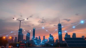 Futuristic city skyline with glowing digital network lines representing a decentralized physical infrastructure network (DePIN).