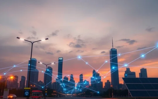 Futuristic city skyline with glowing digital network lines representing a decentralized physical infrastructure network (DePIN).