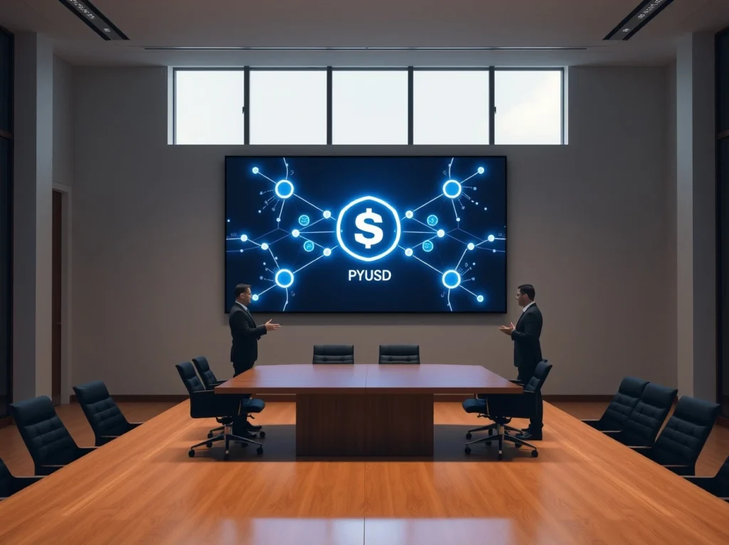 Corporate boardroom with blockchain network display showing Solana and stablecoin integration
