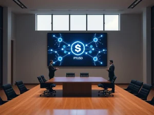 Corporate boardroom with blockchain network display showing Solana and stablecoin integration
