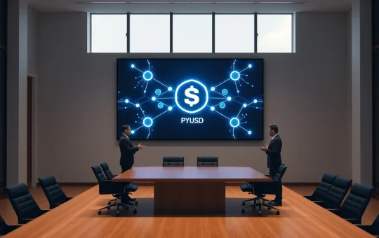 Corporate boardroom with blockchain network display showing Solana and stablecoin integration