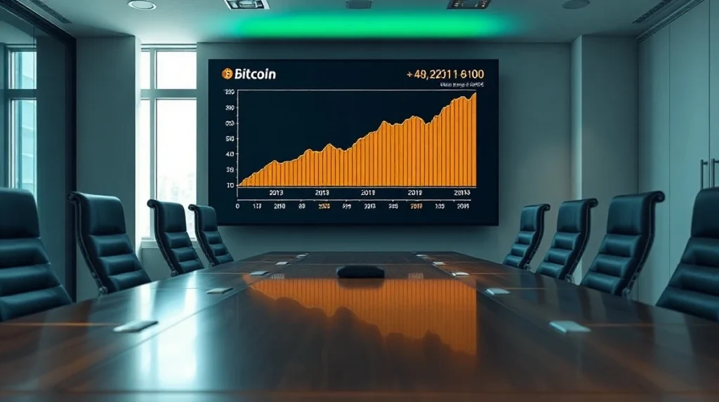 Modern corporate boardroom with a digital screen showing a Bitcoin price chart, representing a company's Bitcoin treasury acquisition.