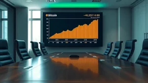 Modern corporate boardroom with a digital screen showing a Bitcoin price chart, representing a company's Bitcoin treasury acquisition.