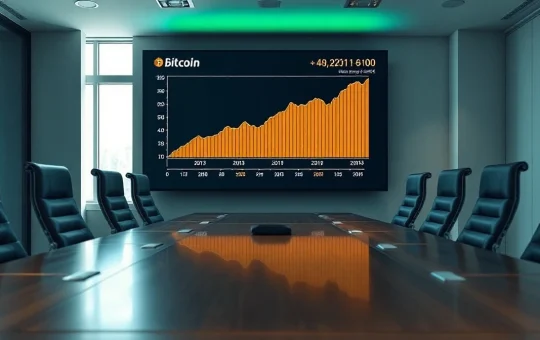 Modern corporate boardroom with a digital screen showing a Bitcoin price chart, representing a company's Bitcoin treasury acquisition.