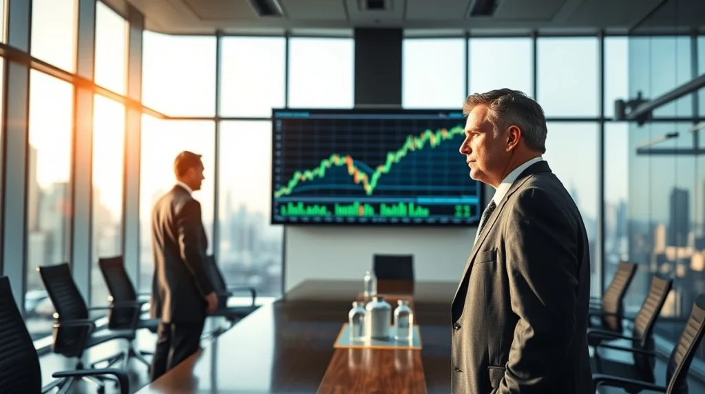 Corporate executive in modern boardroom observing Bitcoin price chart on large digital screen