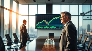 Corporate executive in modern boardroom observing Bitcoin price chart on large digital screen