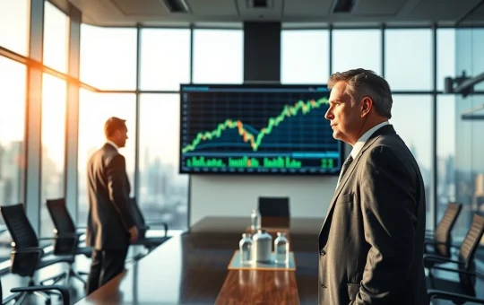 Corporate executive in modern boardroom observing Bitcoin price chart on large digital screen