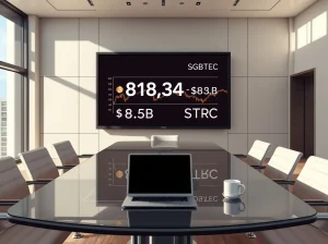 Strategy Inc. boardroom showing STRC valuation and bitcoin holdings data on a digital screen