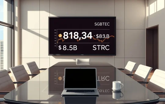 Strategy Inc. boardroom showing STRC valuation and bitcoin holdings data on a digital screen