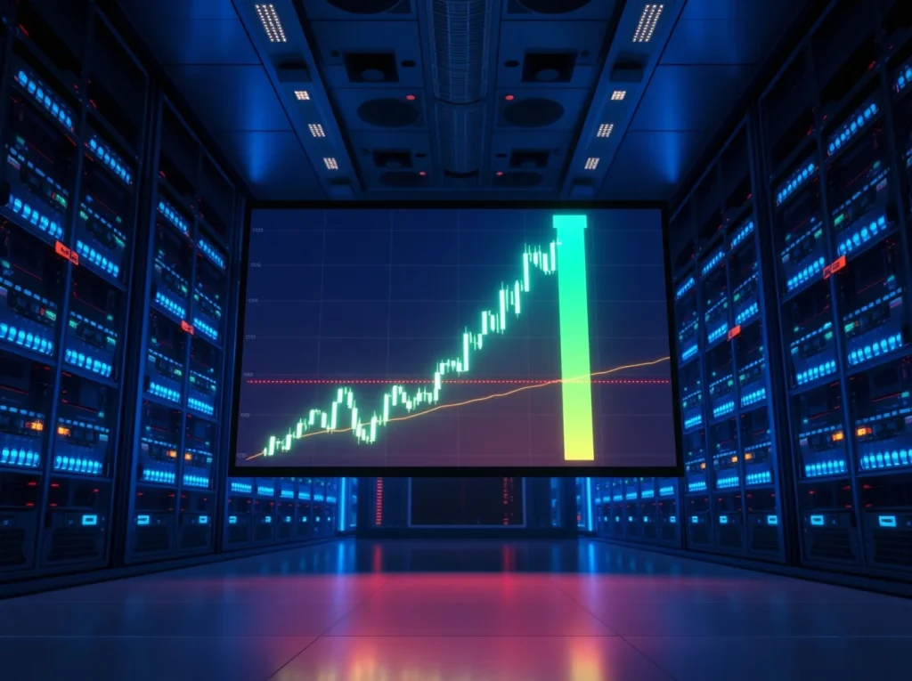Server room with digital display showing a sharp upward price chart for STRK token
