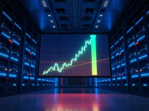 Server room with digital display showing a sharp upward price chart for STRK token