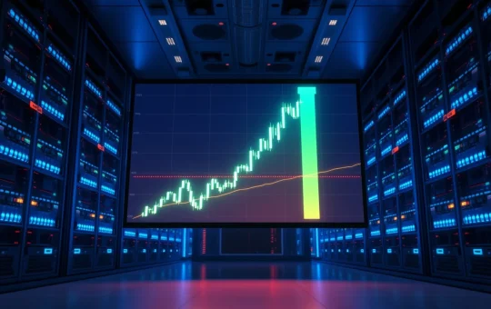 Server room with digital display showing a sharp upward price chart for STRK token