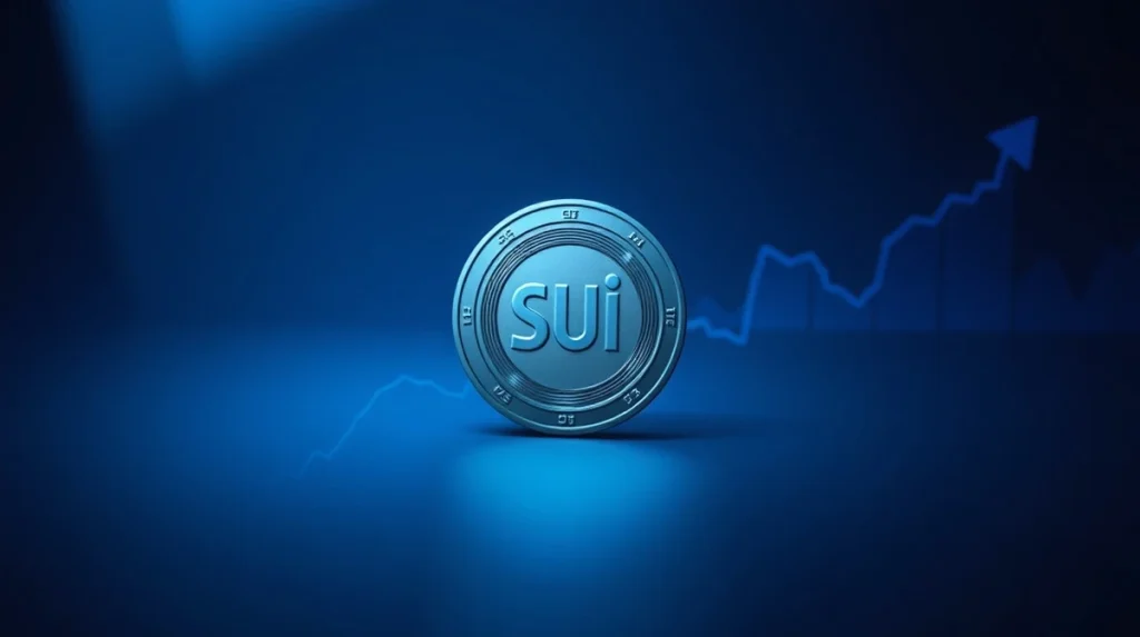 SUI token with upward chart pattern on dark background