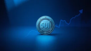 SUI token with upward chart pattern on dark background