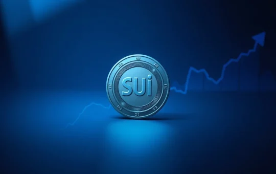 SUI token with upward chart pattern on dark background