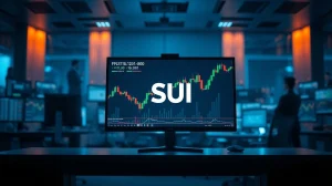 Sui cryptocurrency price chart on a trading monitor in a professional office setting