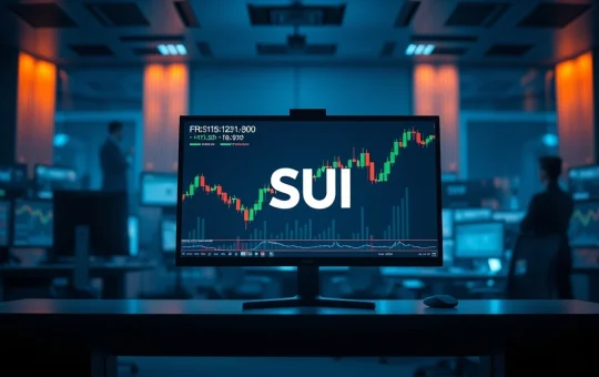 Sui cryptocurrency price chart on a trading monitor in a professional office setting