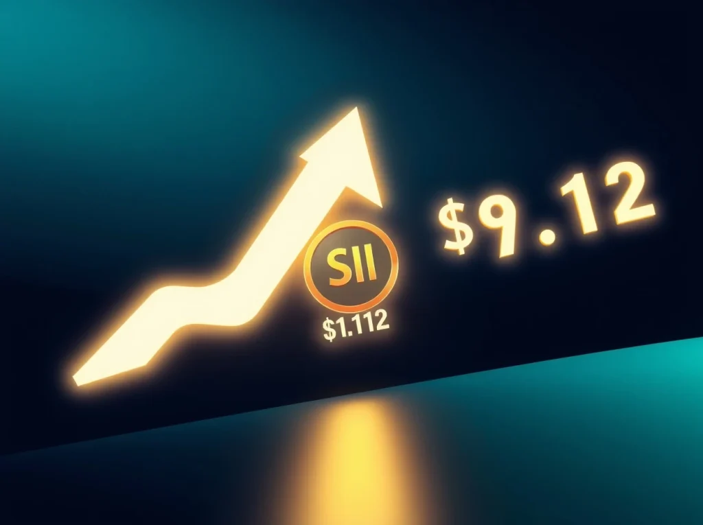 SUI price breakout illustration showing an upward arrow breaking through a $1.12 resistance barrier, representing a bullish trend.