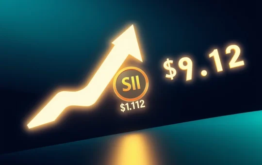SUI price breakout illustration showing an upward arrow breaking through a $1.12 resistance barrier, representing a bullish trend.