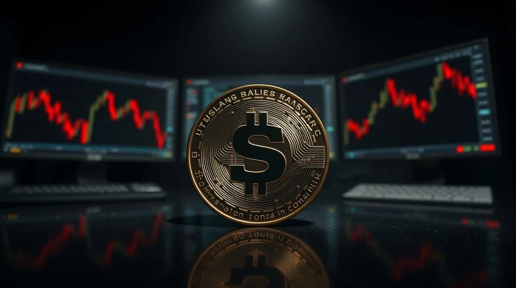 SUI coin on dark surface with red downward chart reflections, symbolizing bearish price pressure.