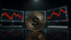 SUI coin on dark surface with red downward chart reflections, symbolizing bearish price pressure.