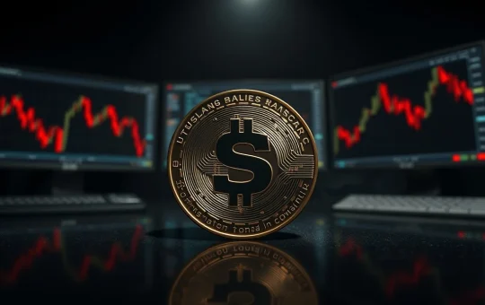 SUI coin on dark surface with red downward chart reflections, symbolizing bearish price pressure.