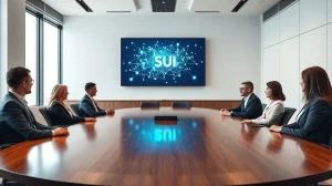 Professional team in boardroom discussing blockchain network on large digital screen with SUI network diagram