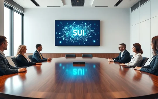 Professional team in boardroom discussing blockchain network on large digital screen with SUI network diagram