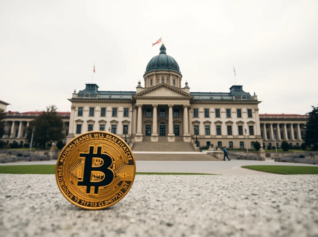 Swiss Federal Palace in Bern with a Bitcoin coin in the foreground, symbolizing the failed cryptocurrency reserve campaign.