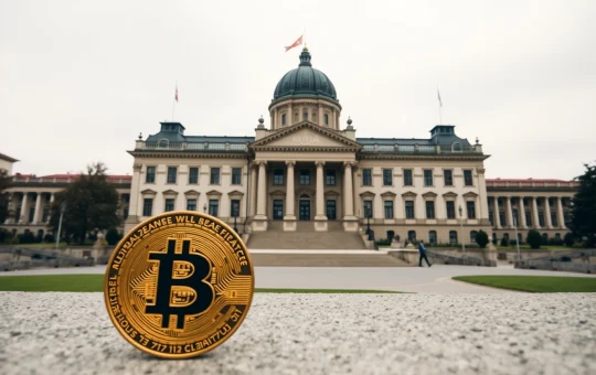 Swiss Federal Palace in Bern with a Bitcoin coin in the foreground, symbolizing the failed cryptocurrency reserve campaign.