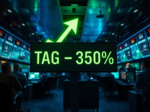 Digital price ticker showing TAG token up 350% in a trading office environment