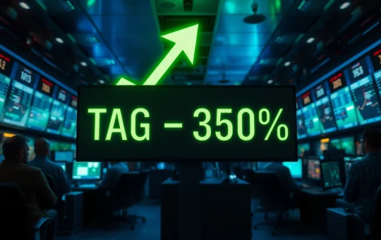 Digital price ticker showing TAG token up 350% in a trading office environment