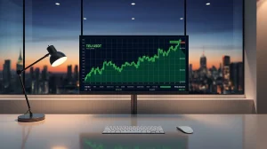 Bullish Telcoin price chart on a professional trading monitor with green candles and upward trend