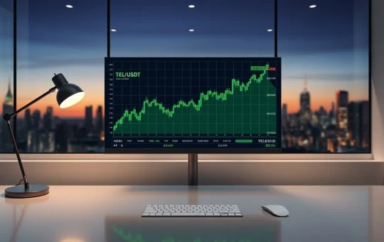 Bullish Telcoin price chart on a professional trading monitor with green candles and upward trend