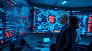 Analysts monitoring blockchain transactions in a financial crime investigation center with frozen asset data on screens.