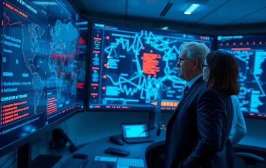 Analysts monitoring blockchain transactions in a financial crime investigation center with frozen asset data on screens.