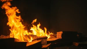 Tether USDT bills burning in a dark room, representing a $2 billion token burn.