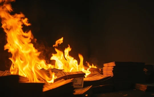 Tether USDT bills burning in a dark room, representing a $2 billion token burn.