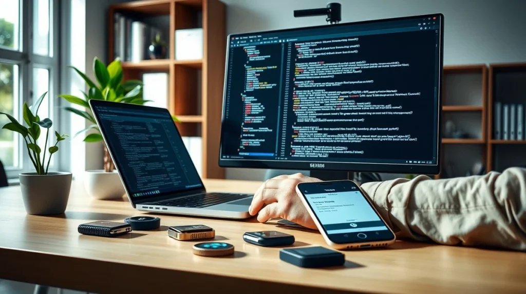 Developer working on crypto wallet and payment tools with hardware wallets and smartphone on desk