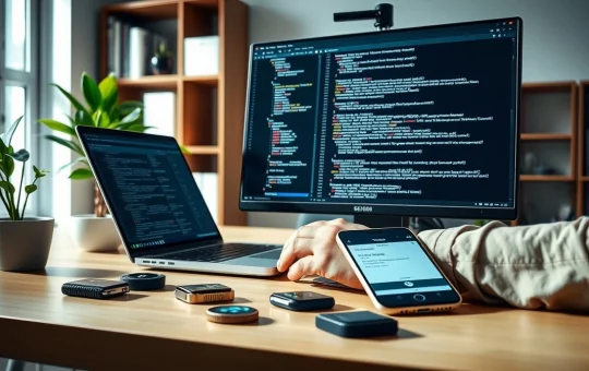 Developer working on crypto wallet and payment tools with hardware wallets and smartphone on desk