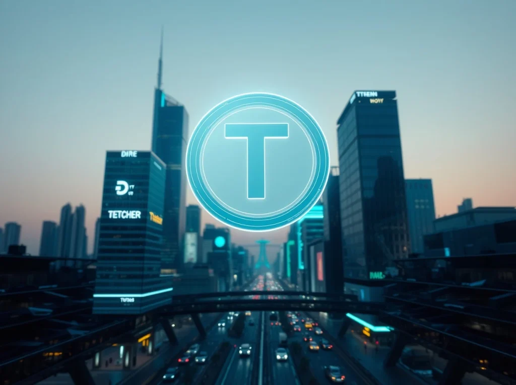 Futuristic cityscape with holographic Tether token symbolizing a $1 billion USDT minting on the Tron blockchain.