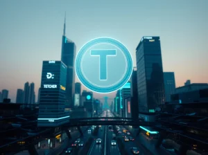 Futuristic cityscape with holographic Tether token symbolizing a $1 billion USDT minting on the Tron blockchain.