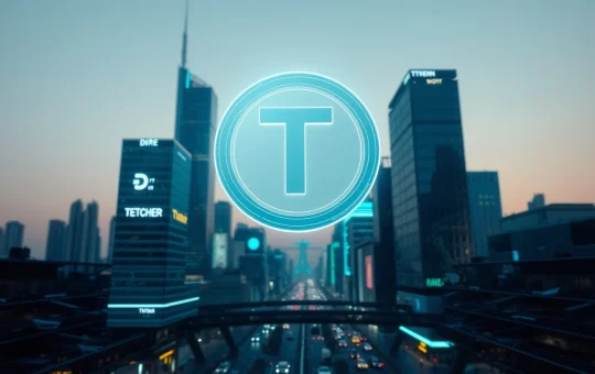 Futuristic cityscape with holographic Tether token symbolizing a $1 billion USDT minting on the Tron blockchain.